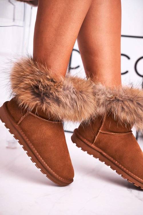 Women's snow boots leather with fur camel snow fox